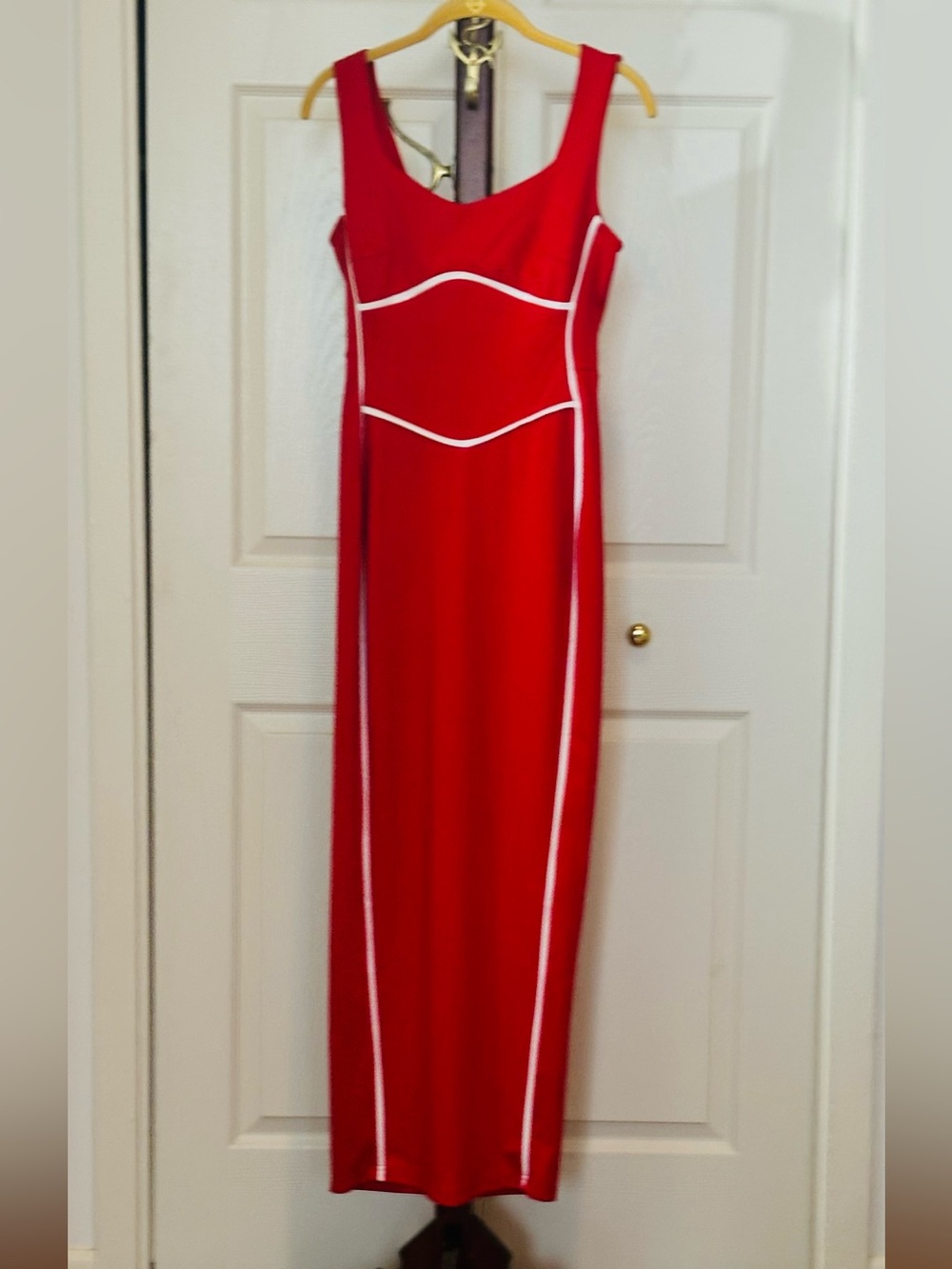 BTFBM Women’s Bodycon Maxi Dress Red with White Contrast Binding Small